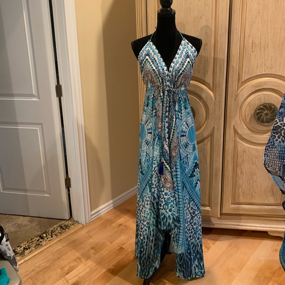 True Colors La Moda embellished High-Low Halter Low Back Maxi Dress NWT